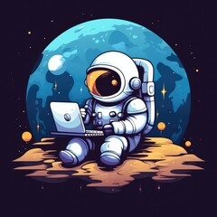 Cartoon illustration of an astronaut working in front of a computer, AI generated Image