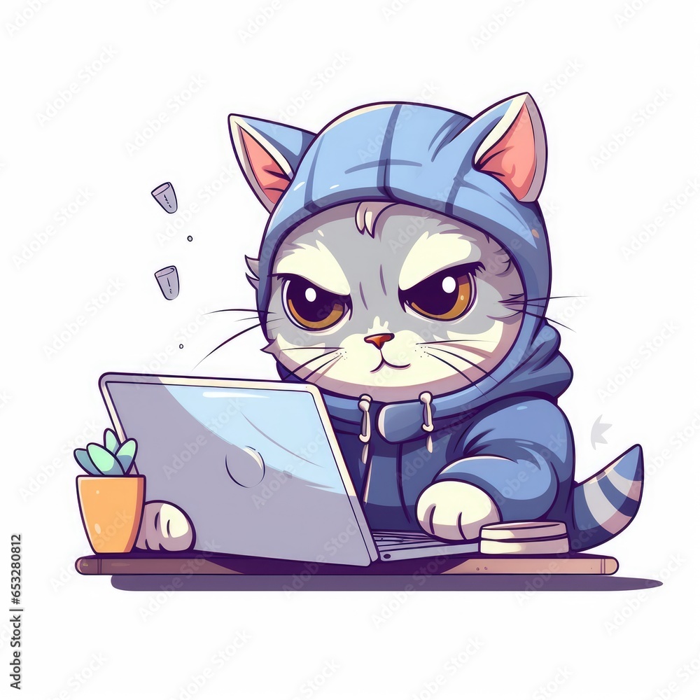 Poster cartoon illustration of a cat working in front of a computer, ai generated image