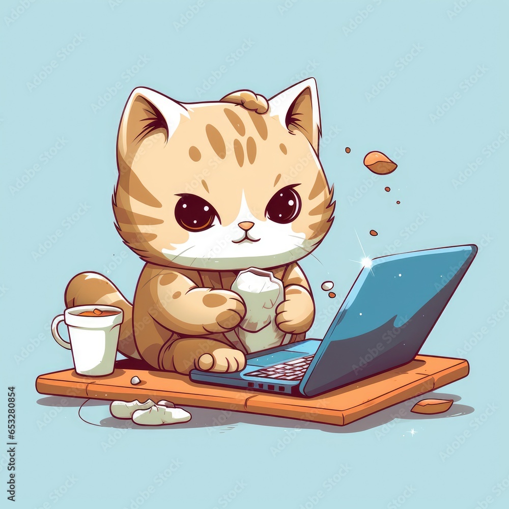 Poster cartoon illustration of a cat working in front of a computer, ai generated image