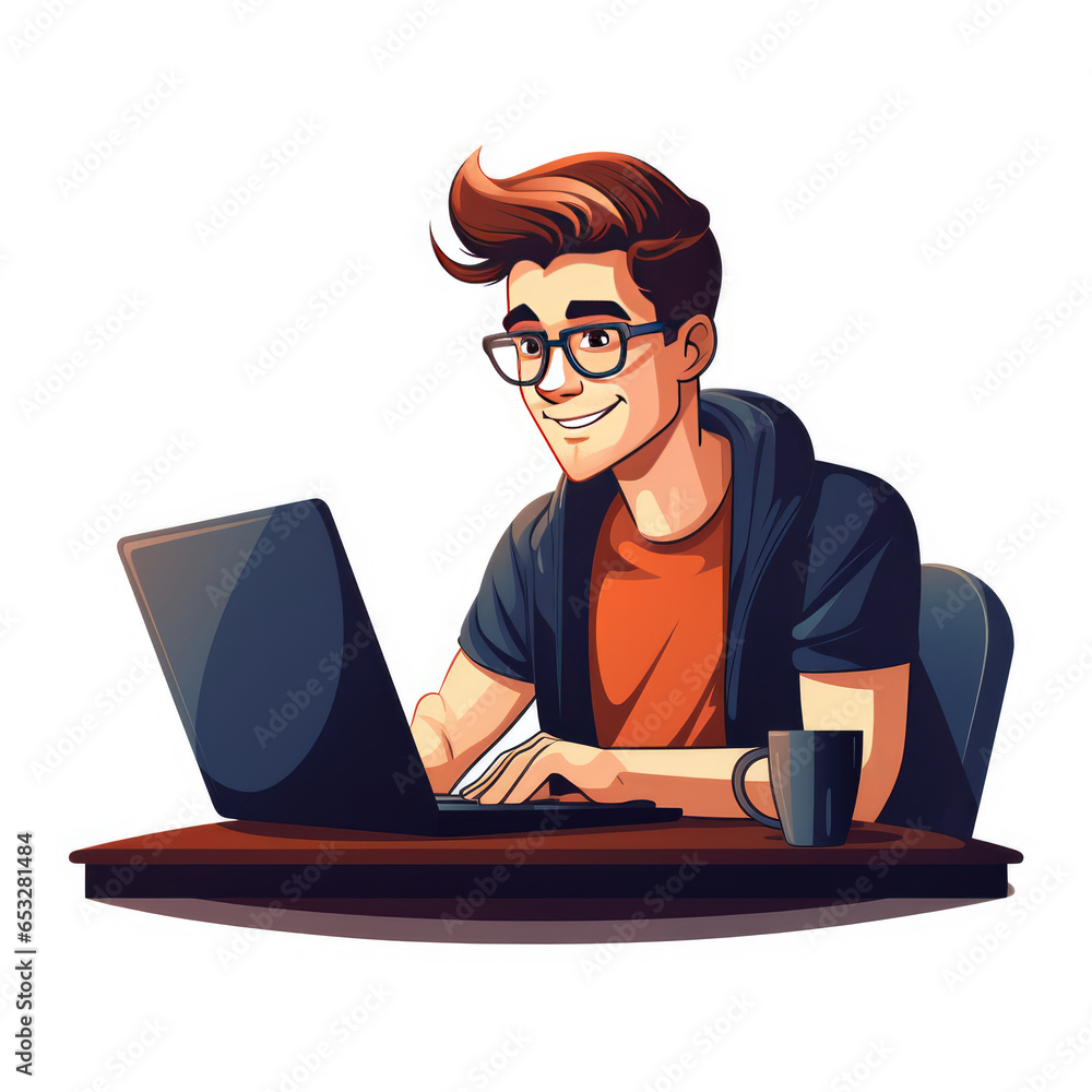 Poster cartoon illustration of a geek working in front of a computer, ai generated image