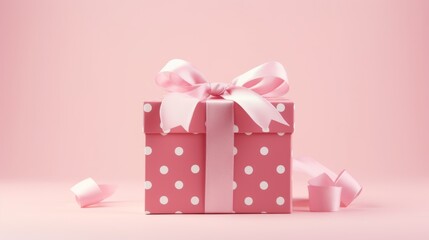 Obraz premium Pink polka dot gift or present box on a pale pink background, Generative AI