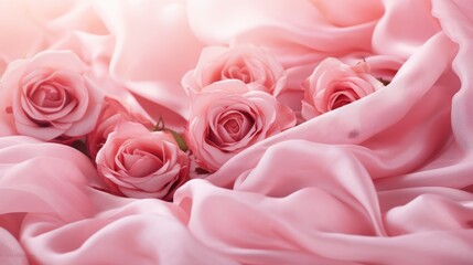 Pink roses and pink rose petals on soft silk, Generative AI