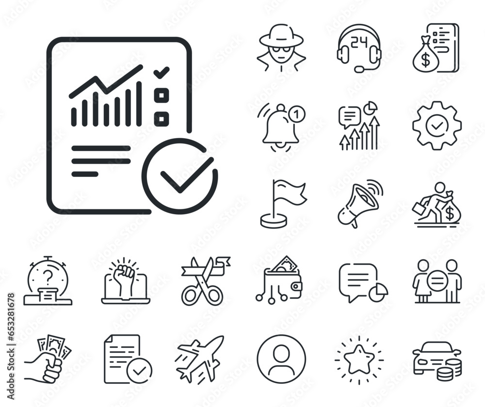 Aufkleber analysis chart or sales growth report sign. salaryman, gender equality and alert bell outline icons.