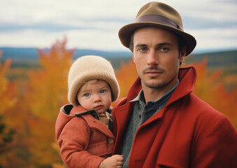 On a bright autumn day, a handsome man stands proudly in the outdoors, cradling a sweet baby in his arms while fashionably adorned with a stylish hat, embodying the beauty of nature and the joy of pa