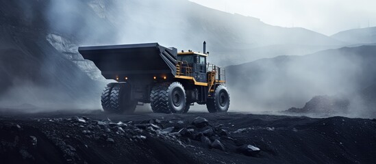 Coal being loaded onto a truck by a working excavator during mining - obrazy, fototapety, plakaty