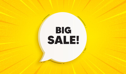 Big Sale tag. Speech bubble sunburst banner. Special offer price sign. Advertising Discounts symbol. Big sale chat speech message. Yellow sun burst background. Vector