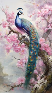 An illustration of a peacock standing on a tree branch with pink flowers. A Majestic Peacock Perched on a Lush Tree Branch