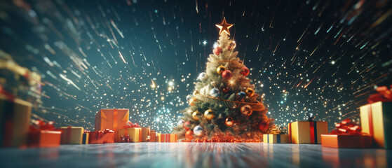 Festive Christmas Scene with Sparkling Snow, Ornaments, and Gifts, Ideal for Text Placement, High-Quality Seasonal Photography