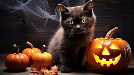 Cat with Halloween pumpkin on a dark background.