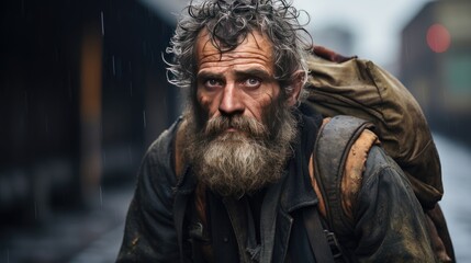 Obraz premium Homeless man with a worn backpack, walking along a city street.