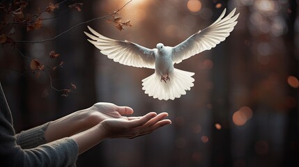 Gentle hands releasing a pure white dove into the sky. - obrazy, fototapety, plakaty