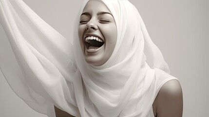 Joyful facial expression of a Muslim woman, on a white background.