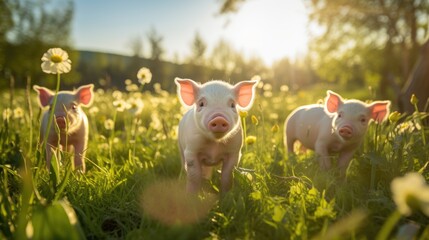 Image of organic pigs and piglets grazing freely in a lush green pasture. - obrazy, fototapety, plakaty