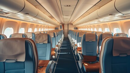 Obraz premium Rows of empty airplane seats stretching down the aisle.