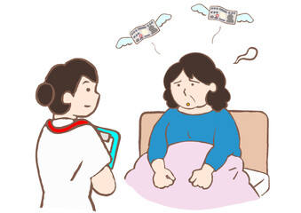 入院中の統合失調症患者からの経済的な相談を聞く看護師のイラスト