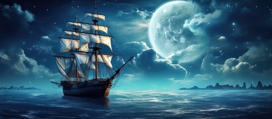 Fototapeta premium Nighttime sailing on a calm sea with moon in cloudy sky NASA provided elements