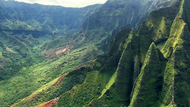 Aerial Kauai Island mountain terrain volcanic cliffs Hawaii 