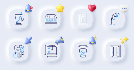 Mint bag, Ice tea and Tea mug line icons. Buttons with 3d bell, chat speech, cursor. Pack of Door, Open door, Floor lamp icon. Mattress, Box size pictogram. For web app, printing. Vector