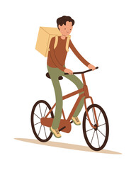 Online delivery fast food service. The courier delivers food on bicycle. A young, smiling guy with a big backpack. Vector illustration in flat style.