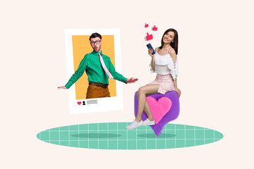 Image collage picture of two happy people chatting social media love story romantic relationship isolated on drawing background