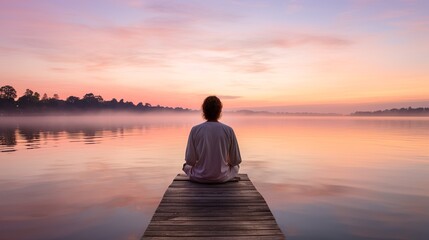 A yogi, captured from behind, sits in a meditative pose beside a tranquil lake. The emerging light of dawn gently reflects on the water's surface, producing gentle ripples.  - obrazy, fototapety, plakaty