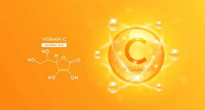 Vitamin C with structure chemical formula. Bubble collagen serum orange and Vitamins complex for cosmetics design. Medical concepts. Beauty treatment nutrition skincare. 3D Vector.
