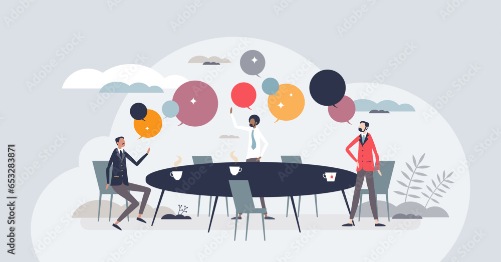 Poster collaborative brainstorming session with idea sharing tiny person concept. business meeting with tal