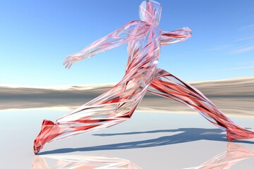 Obraz na płótnie Canvas Pink Glassy Human Style Person Running In Blue Sky Generative AI