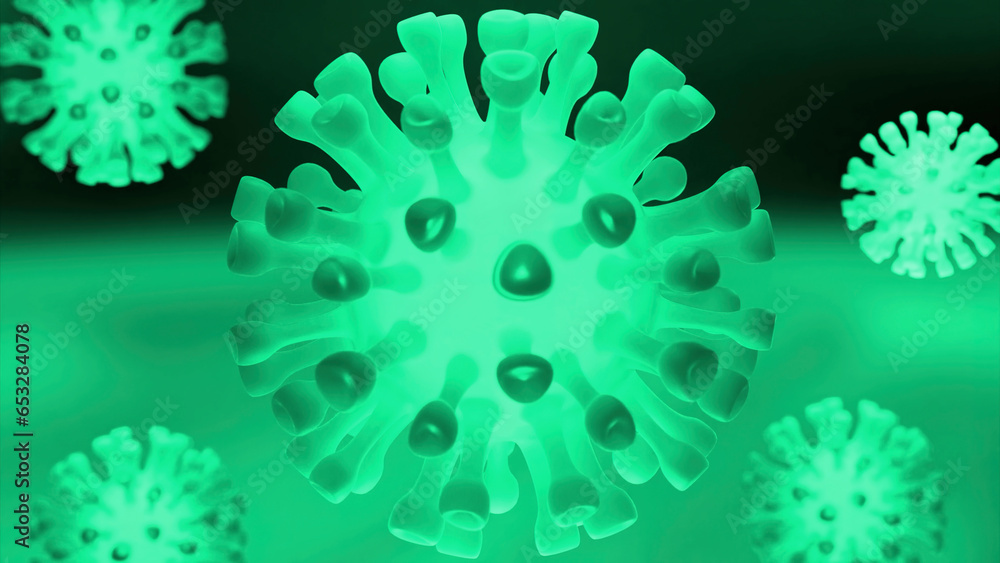 Poster green and turquoise background with microbes. design. made cartoon animation with microbes that rota