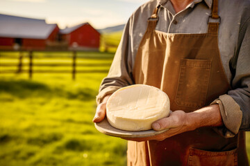 Farm-to-table delight: Farmer crafts gourmet cheese with fresh milk, a delicious tradition in dairy production. - obrazy, fototapety, plakaty