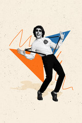 Vertical collage picture of excited cheerful black white colors guy hands pull suspenders dancing...