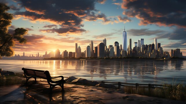 sunset over a city with a bench overlooking the water generated by AI