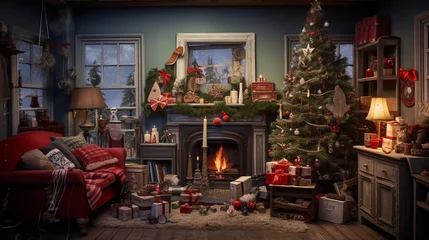 Fotobehang Intérieur Chaleureux de Maison avec Feu de Cheminée, Sapin de Noël et Décoration Festive © HKTR-atelier