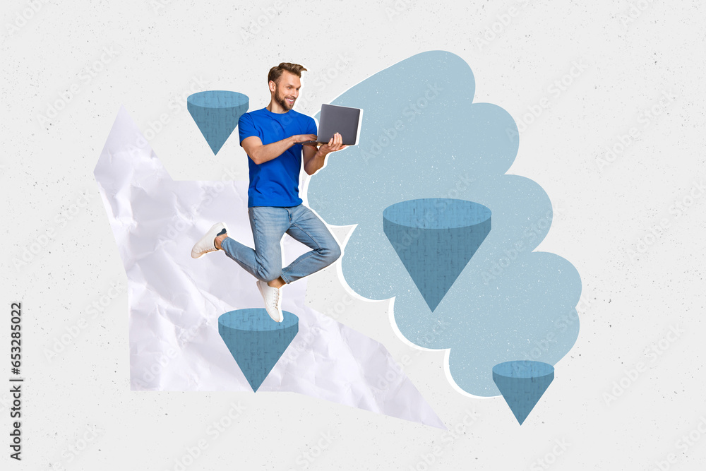 Aufkleber collage picture of positive guy hold use netbook jumping between flying stairs isolated on painted c