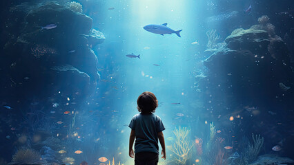 A young boy gazing in wonder at the underwater world of a large aquarium tank filled with tropical fish and even a shark. - obrazy, fototapety, plakaty