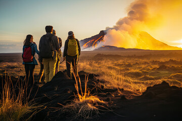 A volcanic mountain, with fiery lava, billowing smoke, and an awe-inspiring orange-red glow, creating a dramatic and dangerous natural spectacle.