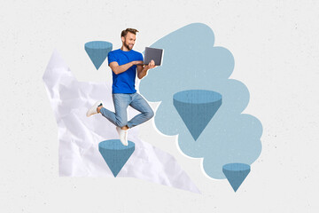 Collage picture of positive guy hold use netbook jumping between flying stairs isolated on painted...