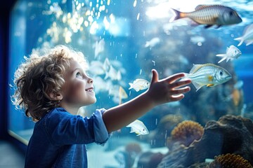 A young boy with excitement, wearing glasses, observing beautiful marine life in a big aquarium tank with colorful coral and tropical fish.