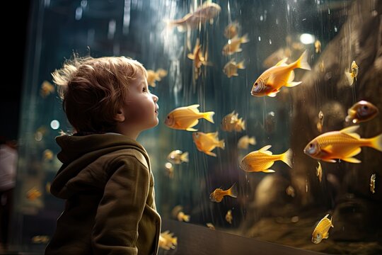 A young boy visit a beautiful aquarium, where children are excitedly observing underwater life.