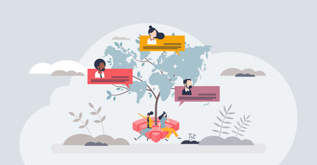 Worldwide web of connectivity and online connection tiny person concept. Global network with distant information transfer system and virtual cyberspace vector illustration. Communication technologies