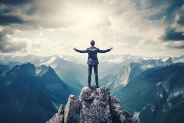 A determined businessman stands triumphantly atop a rugged mountain peak, symbolizing his career achievements and unwavering determination. - obrazy, fototapety, plakaty