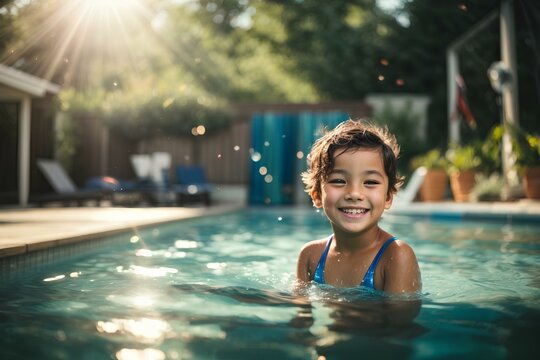 Spa&szlig; im Pool: Ein gl&uuml;cklicher asiatischer Junge genie&szlig;t die Sonne