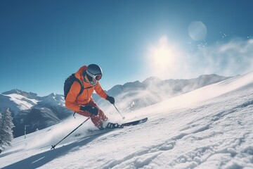 A skier descends from a snowy mountain. Sports, recreation concept