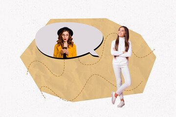 Picture collage 3d photo of dreamy small kid crossed hands look bubble element talk conversation online sisters relationship