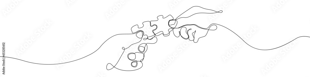Poster hands with puzzles one line drawing vector. team building continuous line drawing vector. team work 