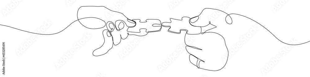 Poster hands with puzzles one line drawing vector. team building continuous line drawing vector. team work 