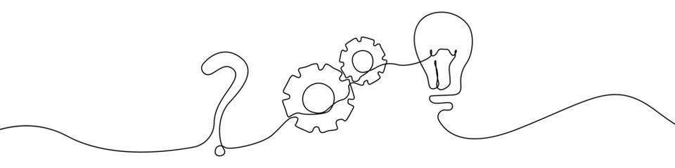 Idea one line drawing vector. team building continuous line drawing vector. creation a single line drawing. Background contour line question mark, light bulb, gear vector.