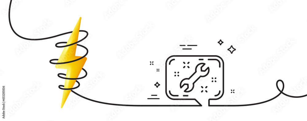 Poster spanner tool line icon. continuous one line with curl. repair service chat sign. fix instruments sym