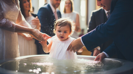 Generative AI, sacrament of baptism of a small child in a Christian temple, religious traditional rite, ablution, Catholicism, Orthodoxy, church, cathedral, priest, family, baby, boy, girl, holy water - obrazy, fototapety, plakaty