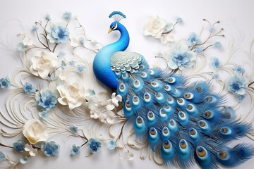 3d mural background blue peacock on branch wallpaper . with flowers for interior home wall